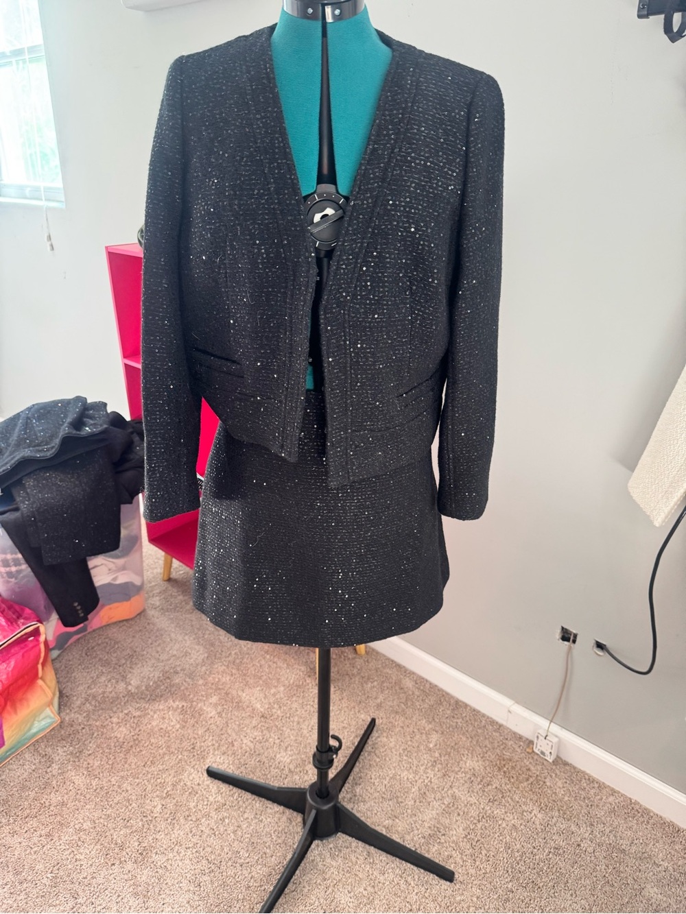 J. Crew Black Sparkle Tweed 3-piece Cropped Blazer, Pants & Skirt